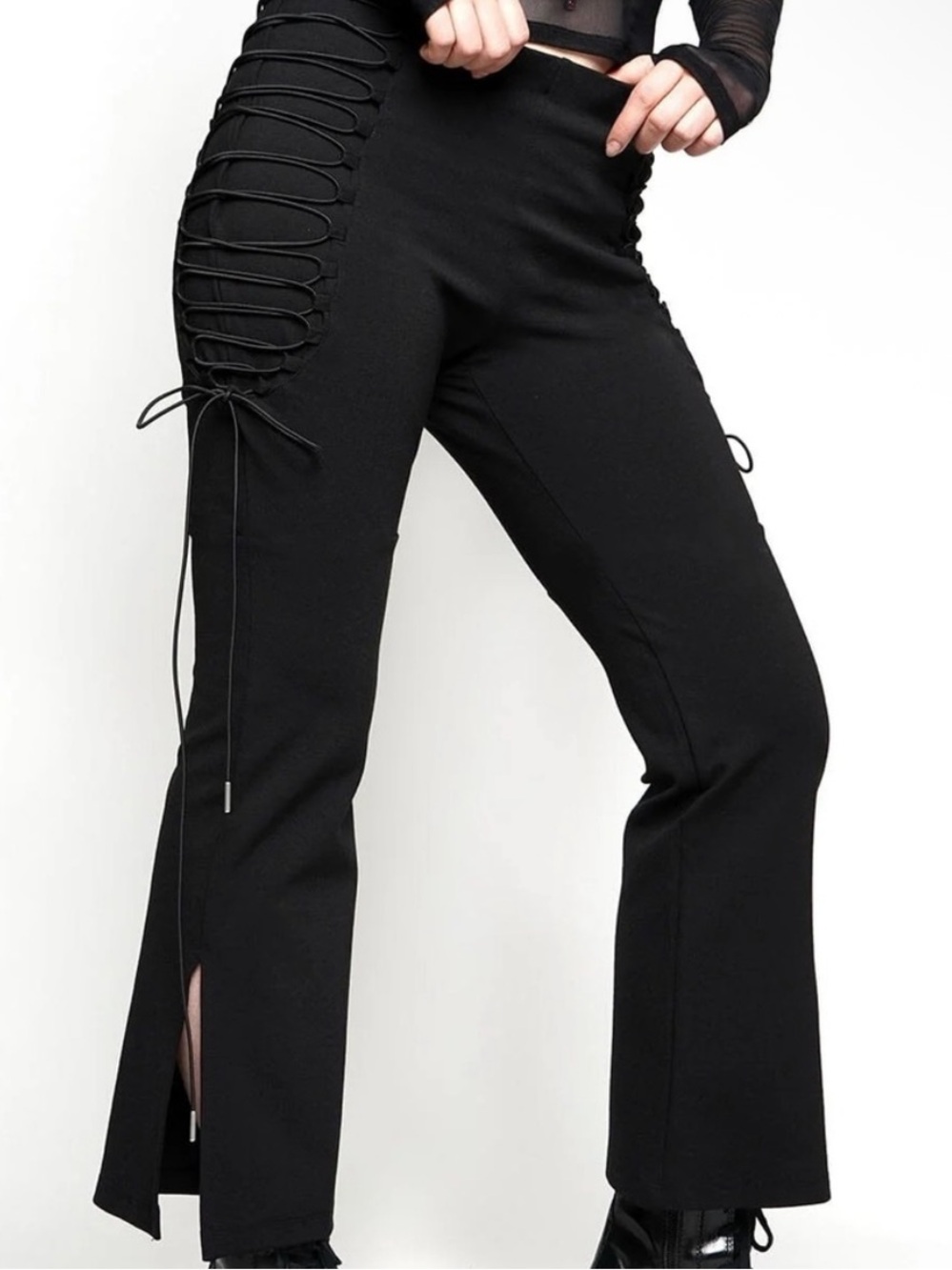 Black Lace-Up Side Split Pants - Women
